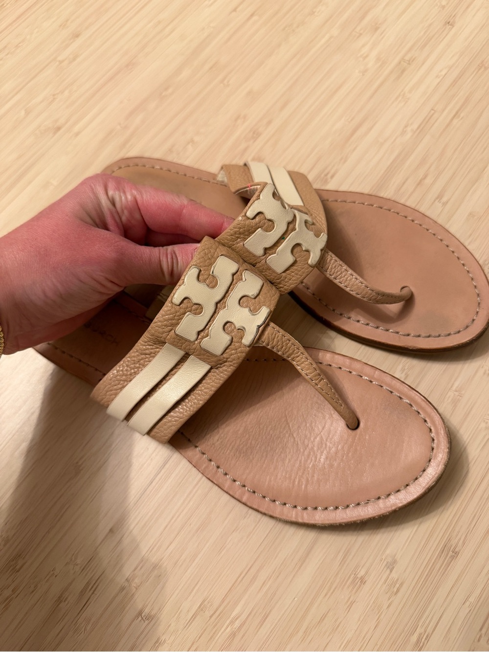 Tory Burch Tan & Cream Logo Thong Sandals